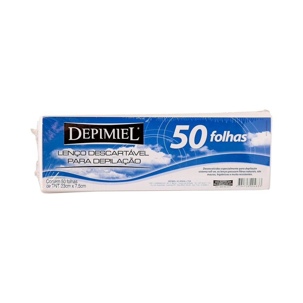 Lenço Descartável Depimiel para Depilação 50 Folhas embalagem azul e branca